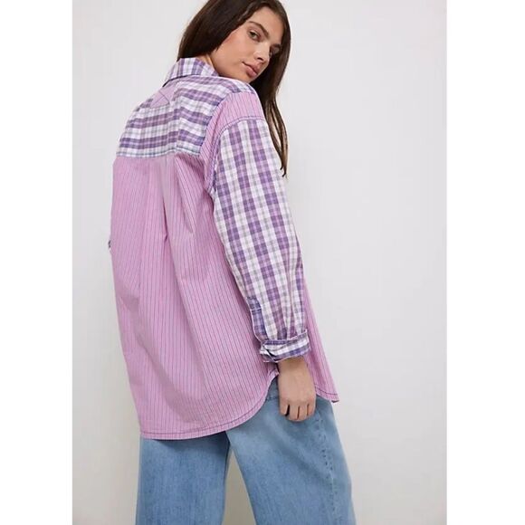 Free People We the Free Montauk Gingham Button down Shirt Pink/Blue Combo NWOT - Picture 3 of 6